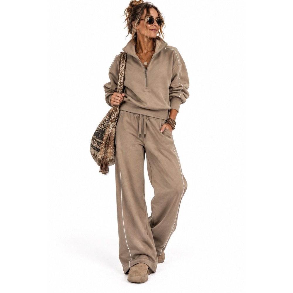 2pc Scuba Set L/XXL Crop 1/4 Zip Pullover Wide Leg Pants Boho Tracksuit Relaxed